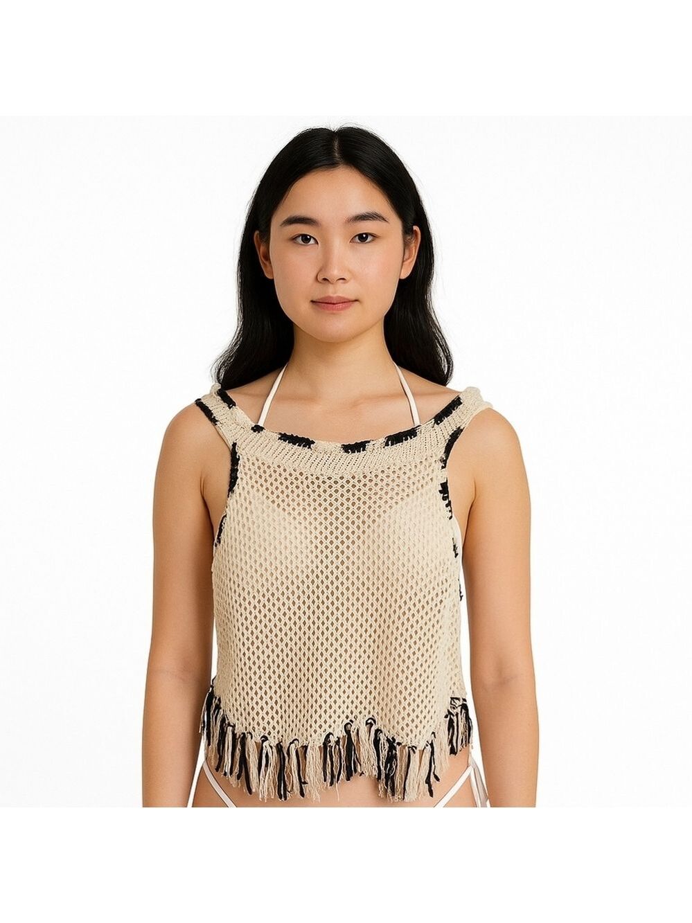 Hand Crafted Pointelle Mesh Cover-up Hand Knit Crochet Ombre Black White Cotton